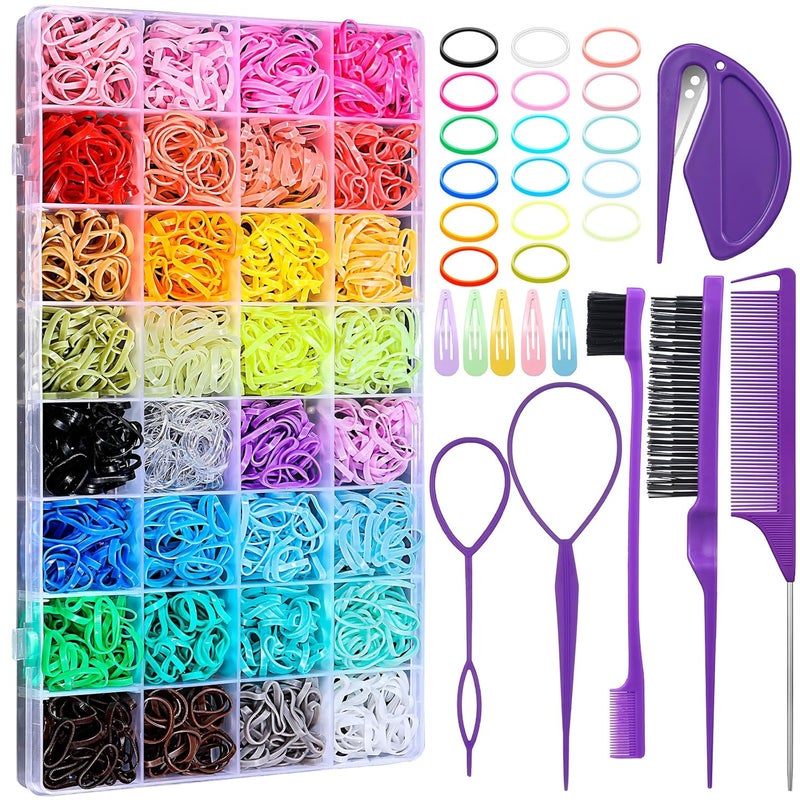 AuraRay 32 Colors Small Hair Rubber Bands with 16 Styling Tools, 2000 Pcs Elastic Girl Baby Hair Ties, Mini Bands with Elastic Cutter, Hair Accessories Xmas Stuff for Girls Baby Toddlers Kids - Image 1